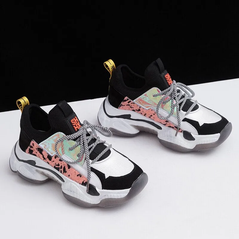 Horsehair Chunky Sneakers Women Plus Size 35-42 Genuine Leather Women Sneakers Summer Breathable Platform Shoes Woman