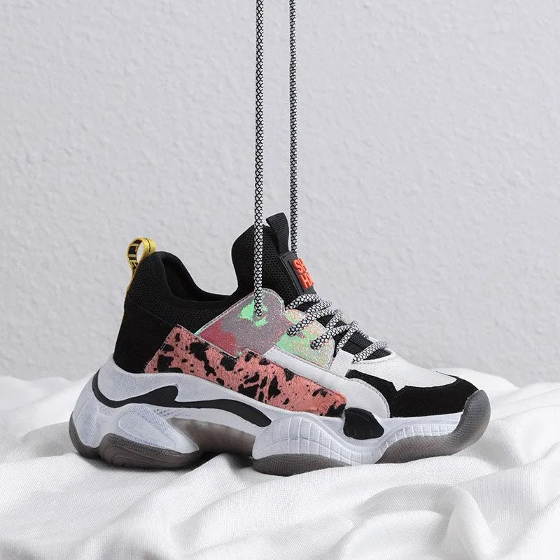 Horsehair Chunky Sneakers Women Plus Size 35-42 Genuine Leather Women Sneakers Summer Breathable Platform Shoes Woman