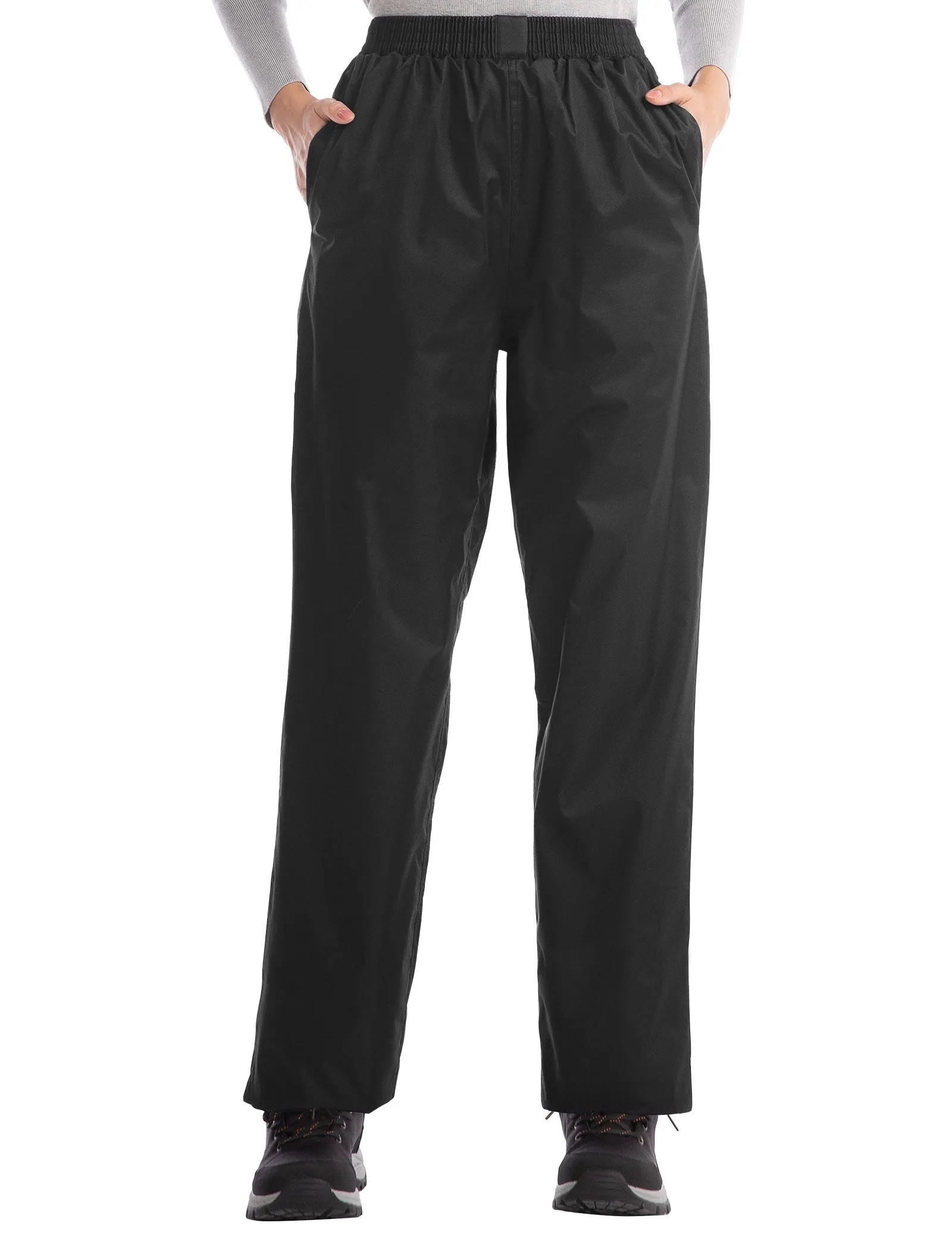 iCreek Women's Rain Pants Waterproof Hiking Pants Windproof Lightweight Over Pants Work Rain Outdoor for Golf, Fishing(Black with Pocket)