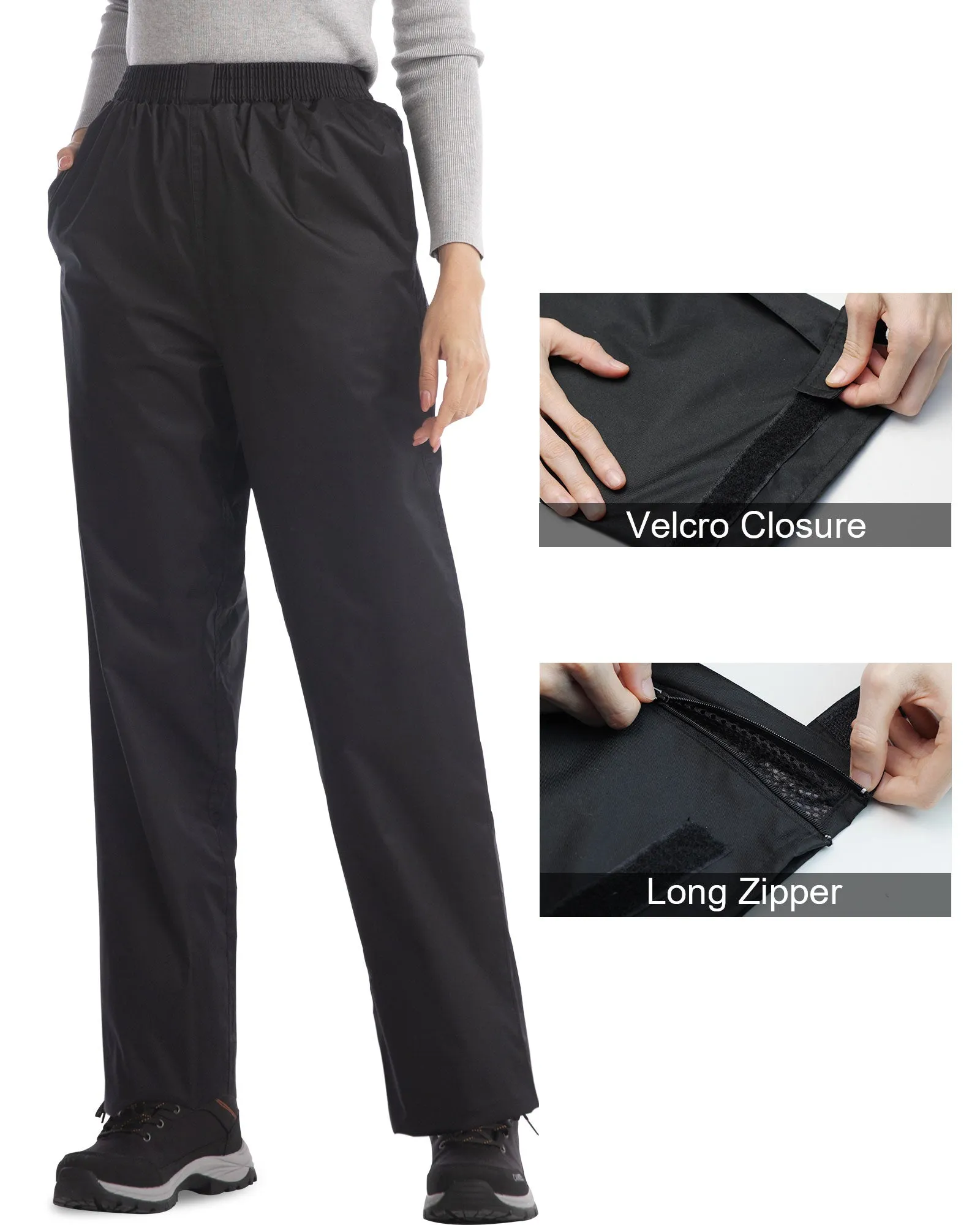 iCreek Women's Rain Pants Waterproof Hiking Pants Windproof Lightweight Over Pants Work Rain Outdoor for Golf, Fishing(Black with Pocket)
