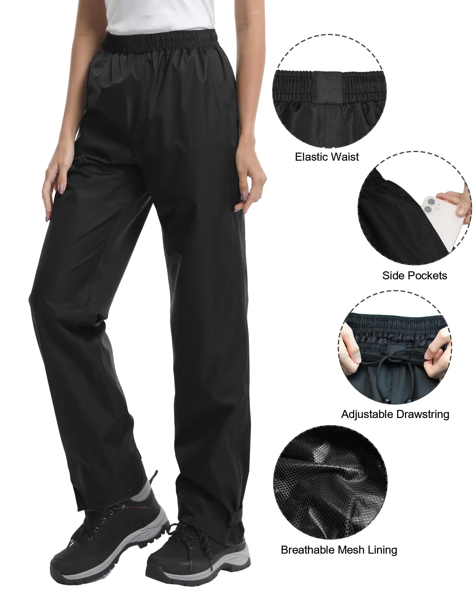 iCreek Women's Rain Pants Waterproof Hiking Pants Windproof Lightweight Over Pants Work Rain Outdoor for Golf, Fishing(Black with Pocket)