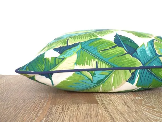 Isla Palm Print Throw Pillow - Aqua, Blue & White Fabric  - Navy Piping - Various Sizes