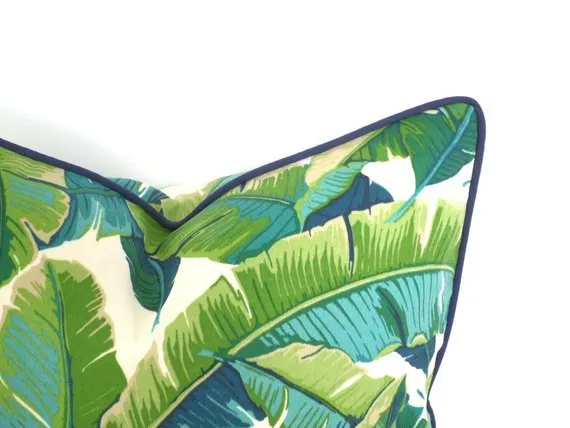 Isla Palm Print Throw Pillow - Aqua, Blue & White Fabric  - Navy Piping - Various Sizes