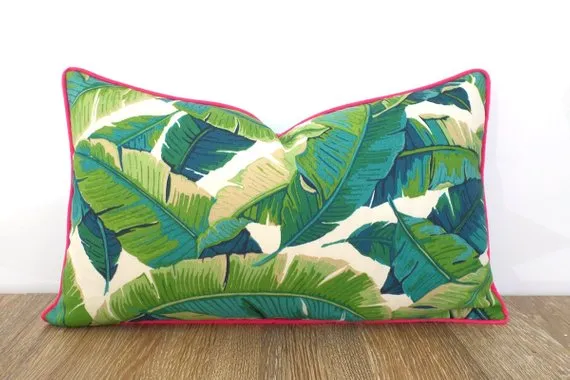 Isla Palm Print Throw Pillow - Turquoise, Green & White Fabric  - Pink Piping - Various Sizes
