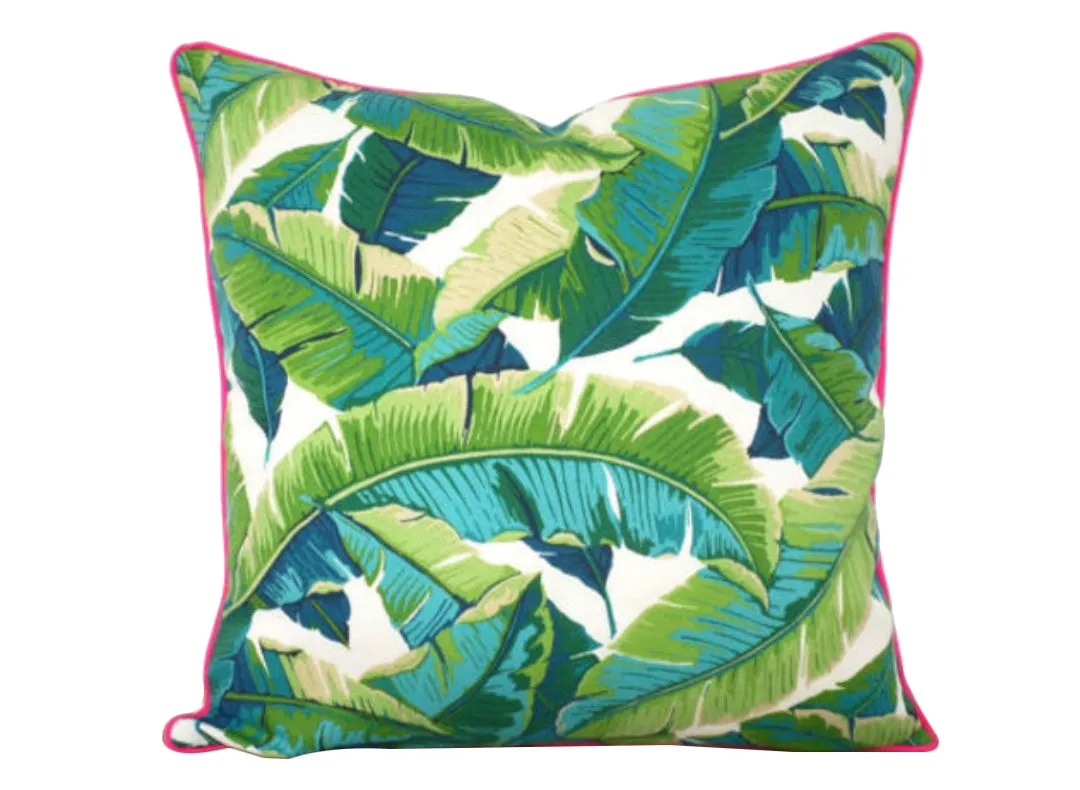 Isla Palm Print Throw Pillow - Turquoise, Green & White Fabric  - Pink Piping - Various Sizes
