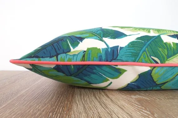 Isla Palm Print Throw Pillow - Turquoise, Green & White Fabric  - Pink Piping - Various Sizes