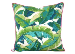 Isla Palm Print Throw Pillow - Turquoise, Green & White Fabric  - Pink Piping - Various Sizes