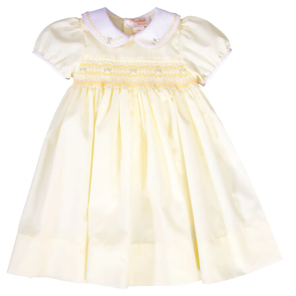 Julia Light Yellow English Smocked and Feather Stitched Baby Dress