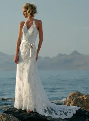 Lace Over Tulle Halter Beach Wedding Dress with Ribbon Sash