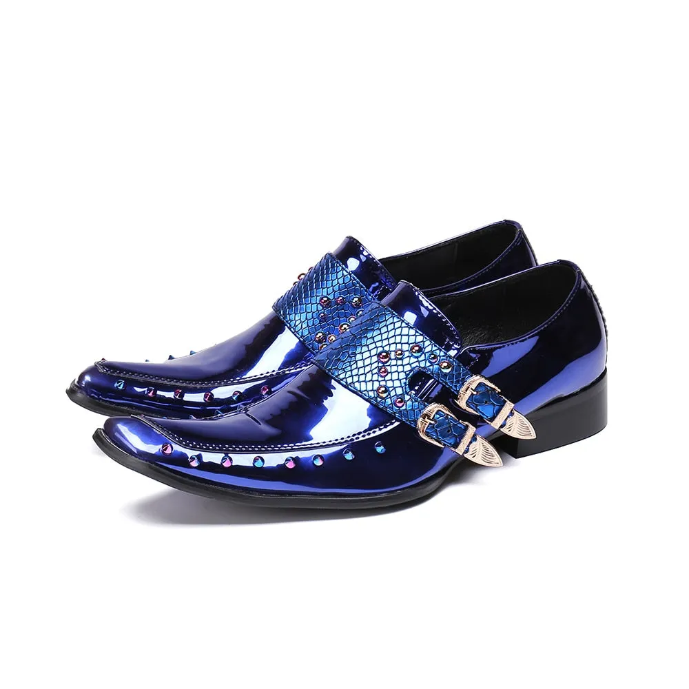 Luxury Patent Leather Men Oxford Shoes Square Toe Multicolor Rivets Men Dress Shoes Wedding Formal Brogue Shoes