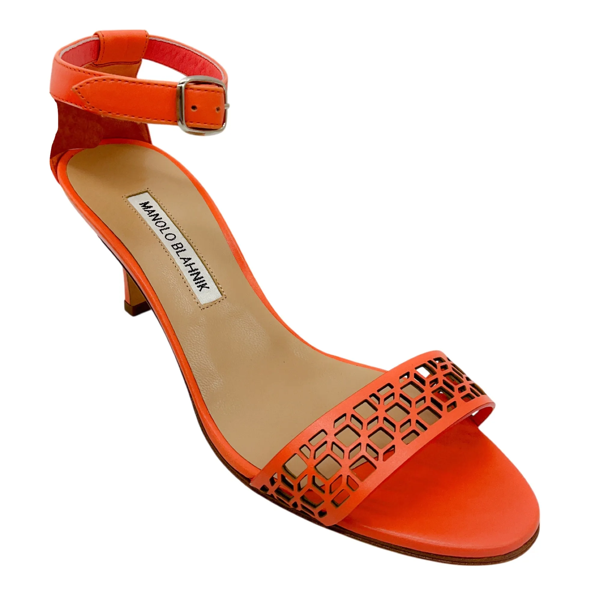 Manolo Blahnik Coral Pink Lasercut Leather Ankle Strap Sandals