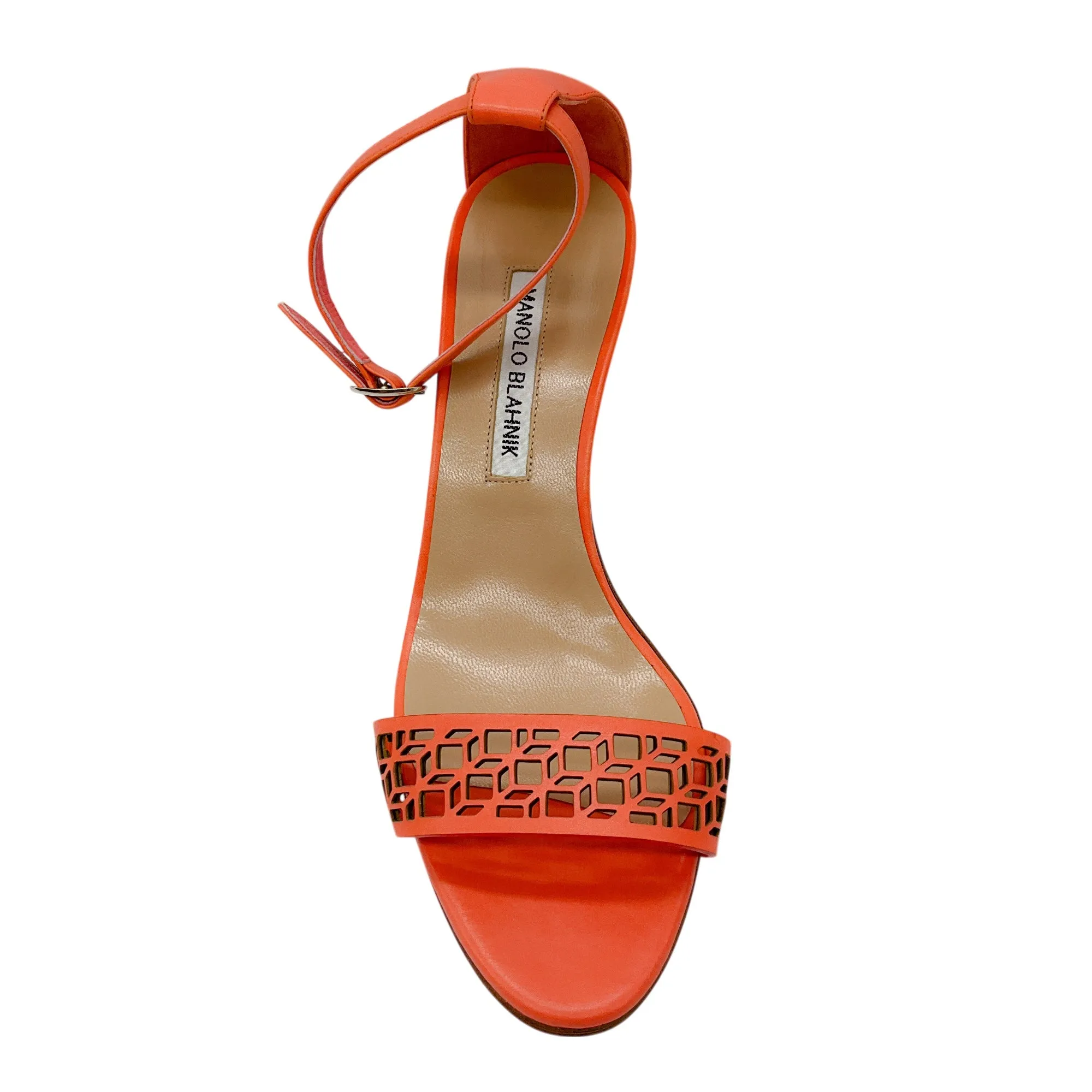 Manolo Blahnik Coral Pink Lasercut Leather Ankle Strap Sandals