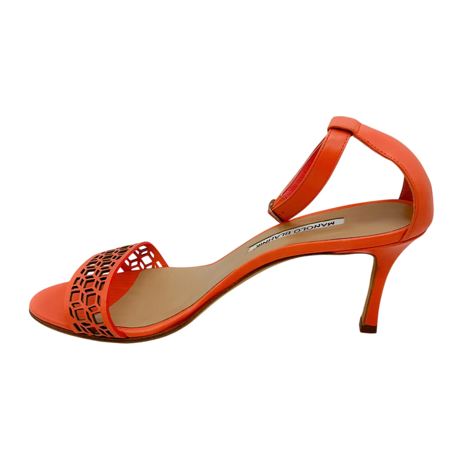 Manolo Blahnik Coral Pink Lasercut Leather Ankle Strap Sandals