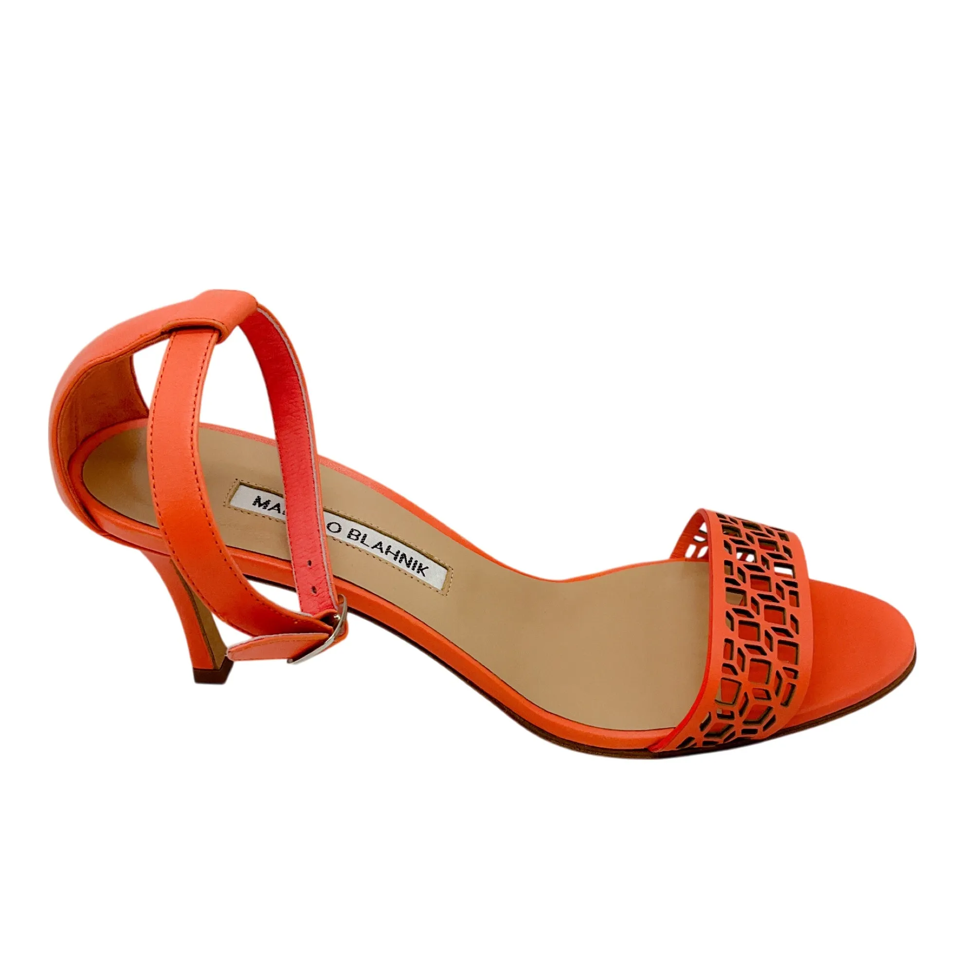 Manolo Blahnik Coral Pink Lasercut Leather Ankle Strap Sandals