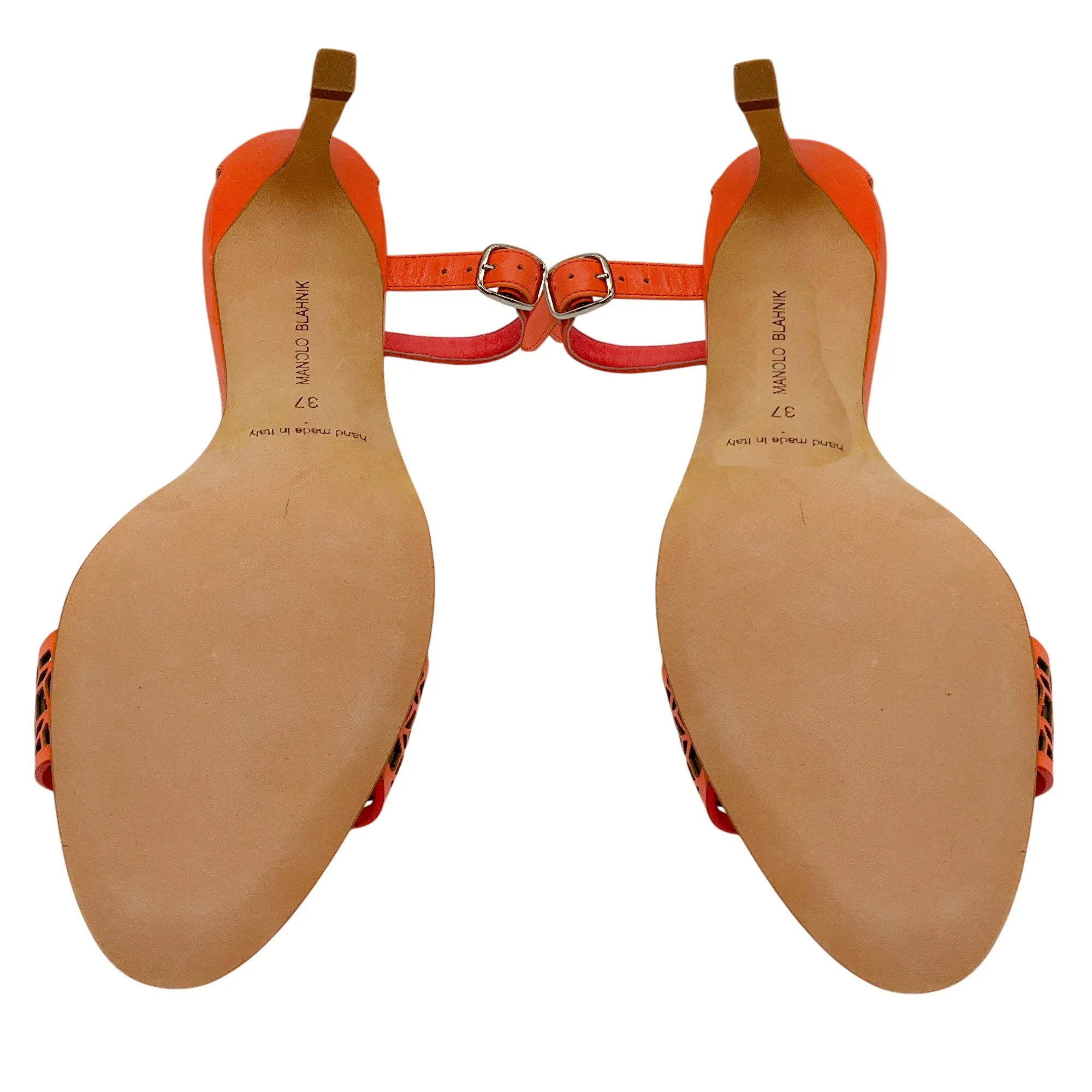 Manolo Blahnik Coral Pink Lasercut Leather Ankle Strap Sandals