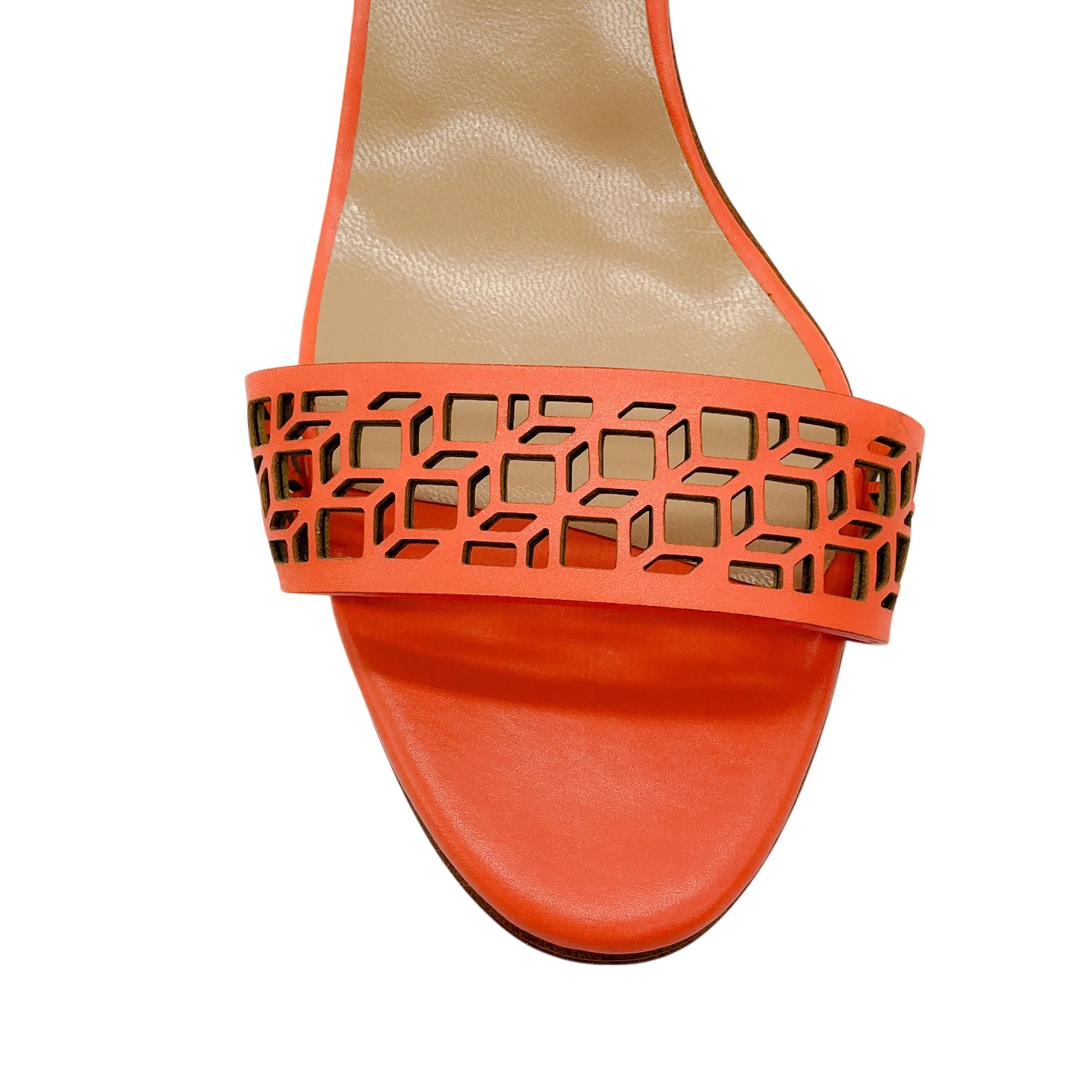 Manolo Blahnik Coral Pink Lasercut Leather Ankle Strap Sandals
