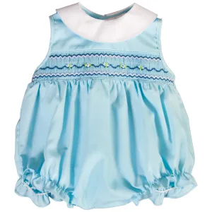 Maya Blue English Smocked Girl Bubble w/White Rounded Collar