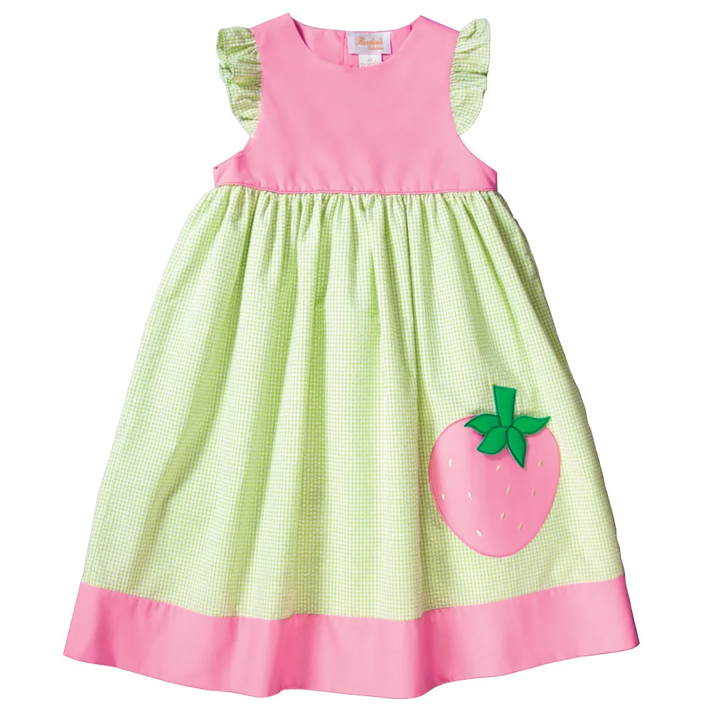 Md. Pink Strawberry Applique Apple Green Gingham Seersucker Sundress