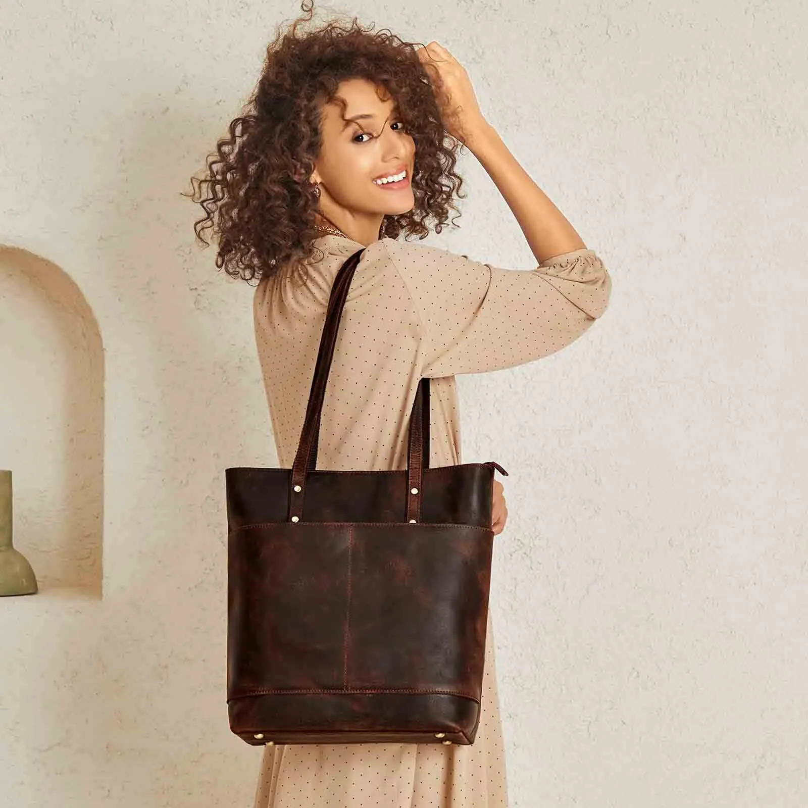 Medium Leather Tote With Big Front Pocket
