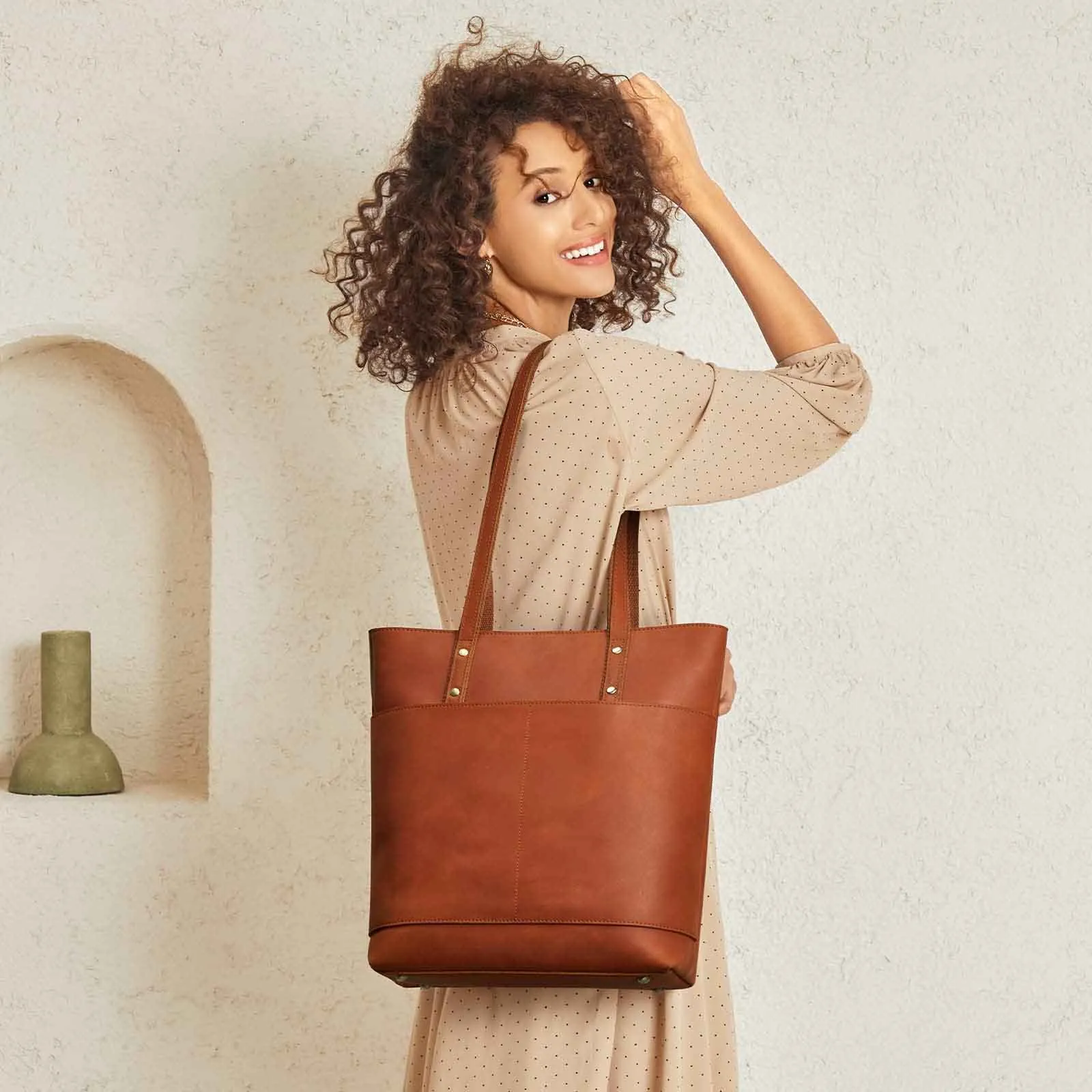 Medium Leather Tote With Big Front Pocket
