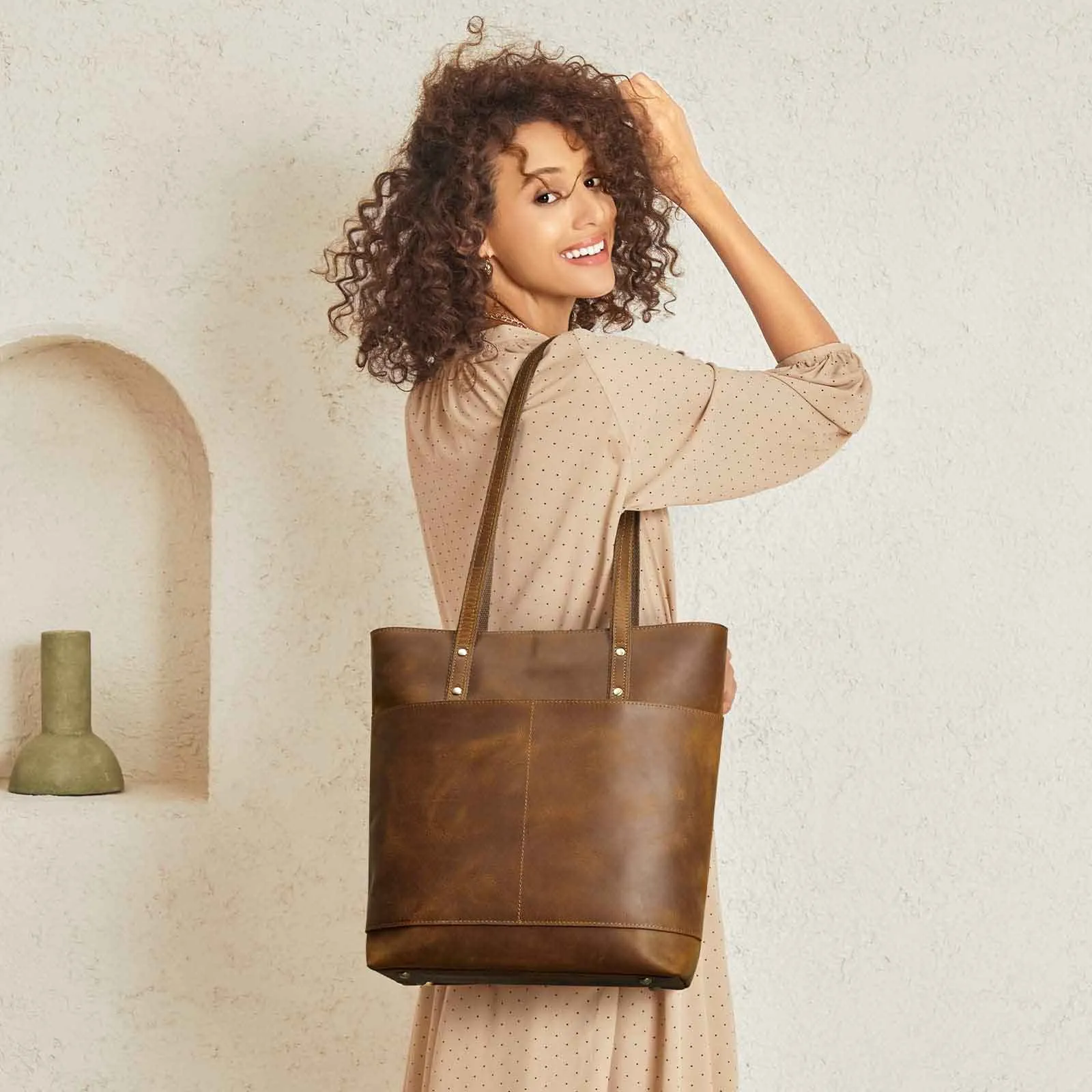 Medium Leather Tote With Big Front Pocket