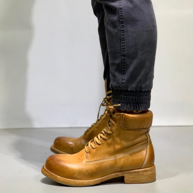 Mens Work Boots Lace Up Genuine Leather High Top Shoes