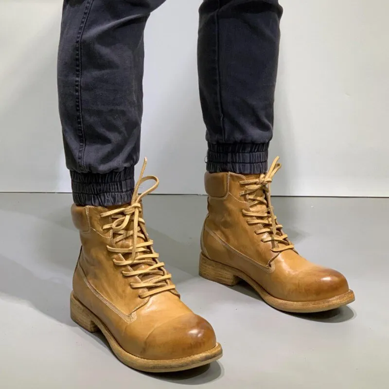 Mens Work Boots Lace Up Genuine Leather High Top Shoes