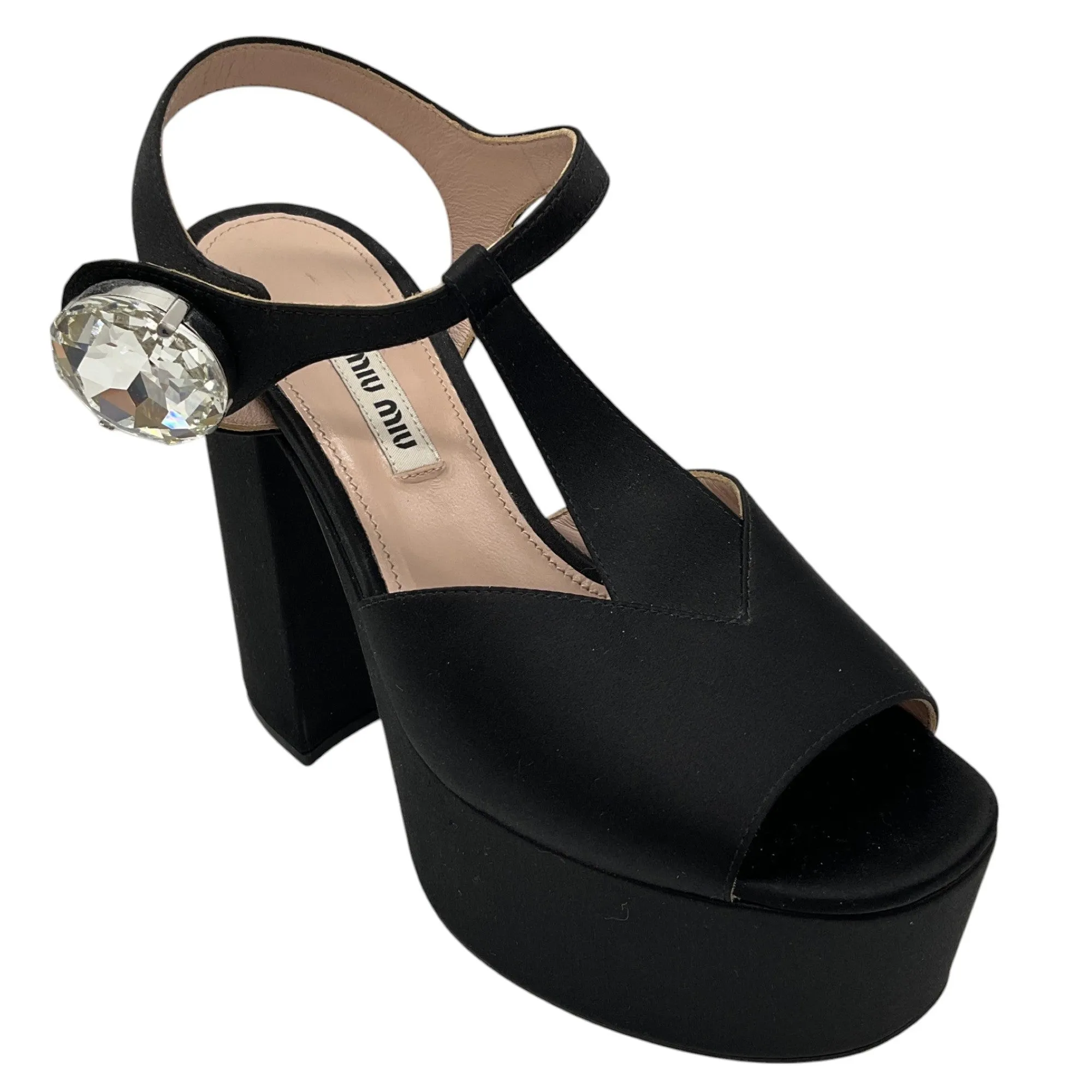 Miu Miu Black Crystal Embellished Satin Platform Sandals