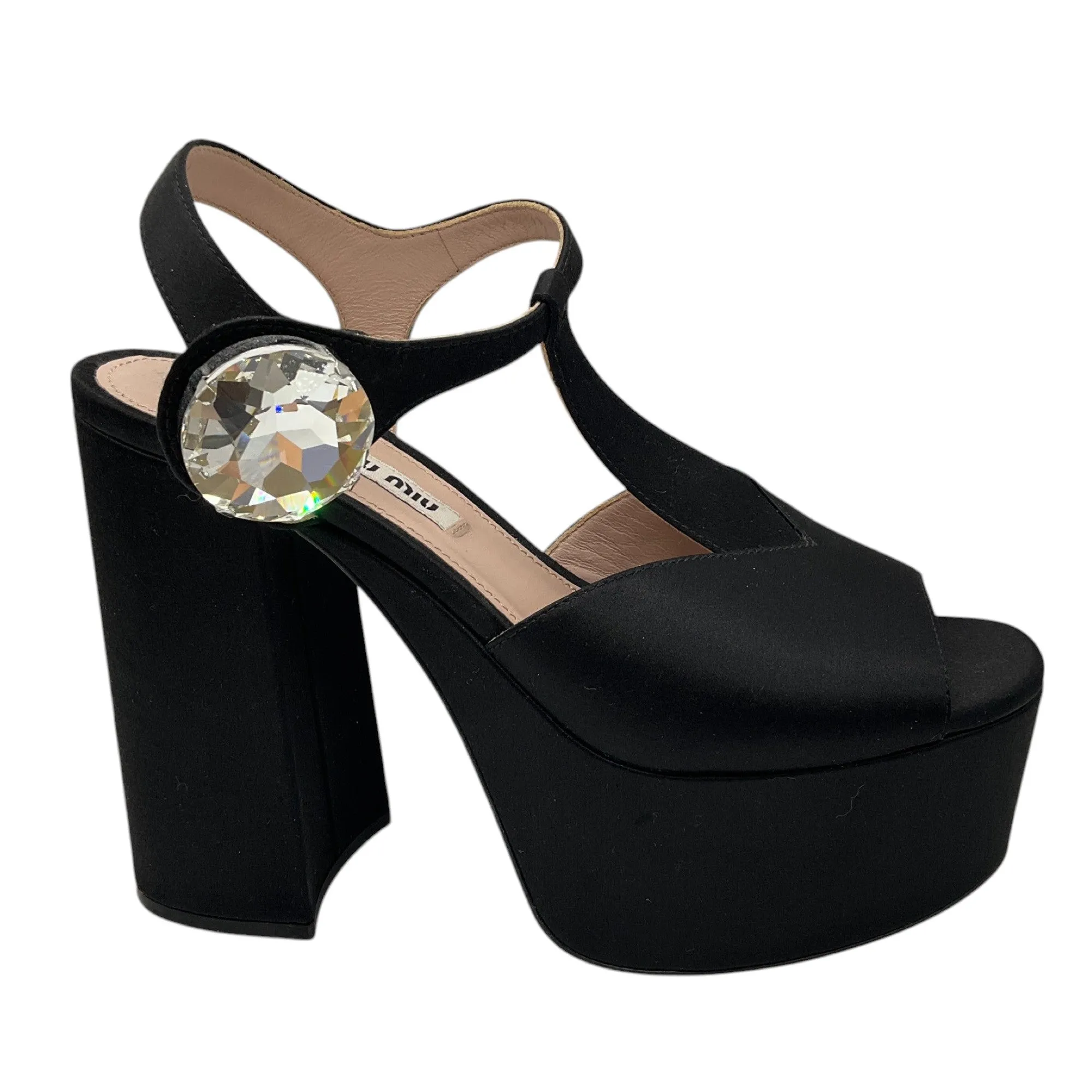 Miu Miu Black Crystal Embellished Satin Platform Sandals