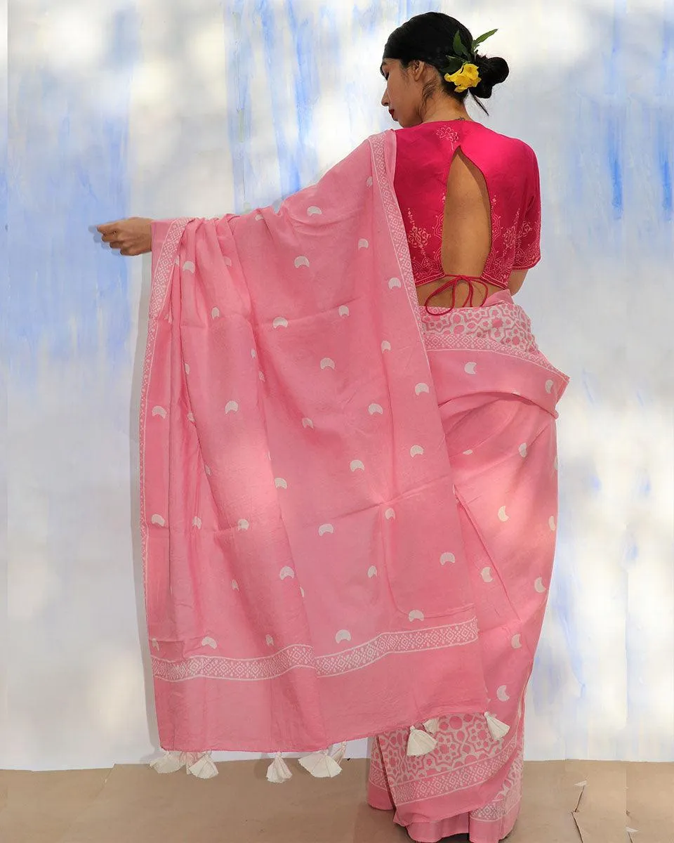Moon Child Handblock Printed Cotton Saree- Skd