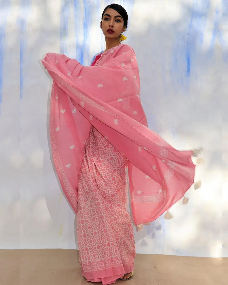 Moon Child Handblock Printed Cotton Saree- Skd