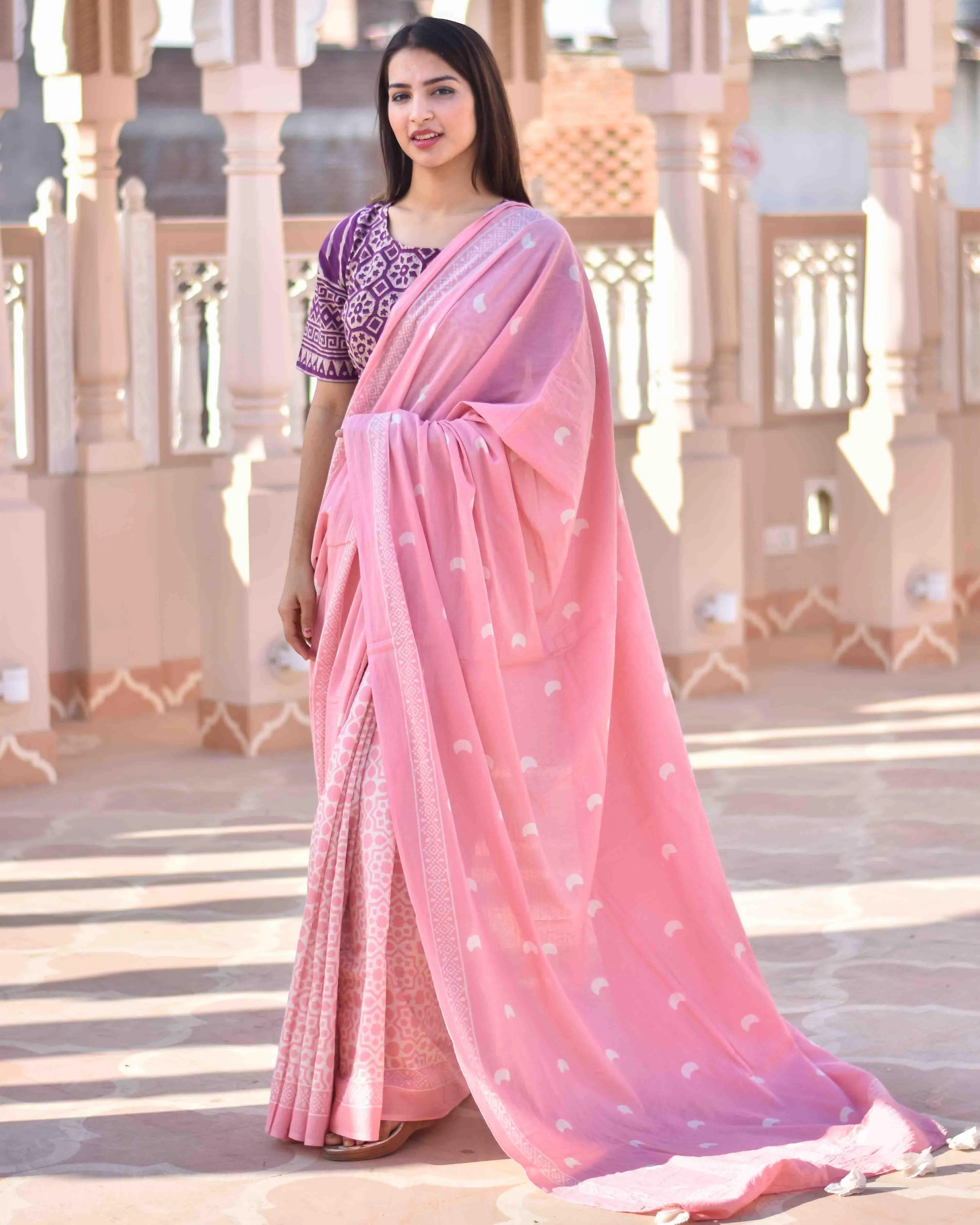 Moon Child Handblock Printed Cotton Saree- Skd