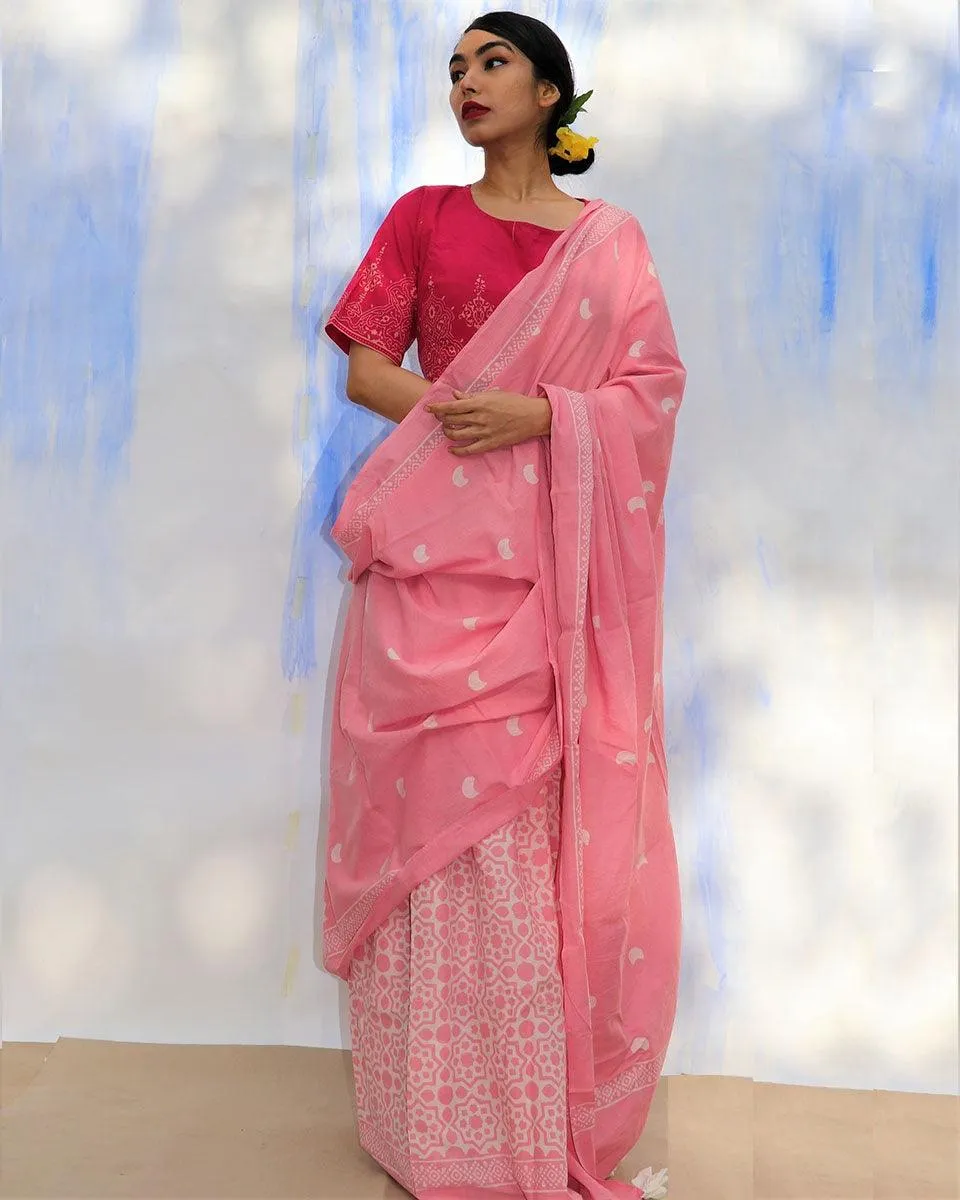 Moon Child Handblock Printed Cotton Saree- Skd