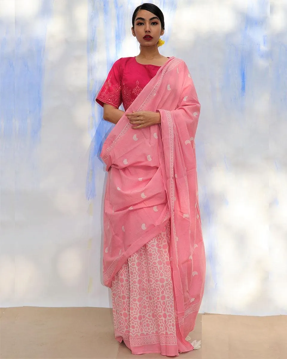Moon Child Handblock Printed Cotton Saree- Skd