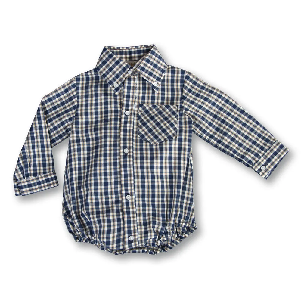 Navy Blue Tan Plaid Boy Bubble w/Button Collar