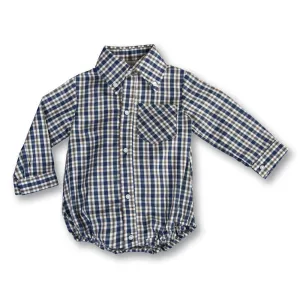 Navy Blue Tan Plaid Boy Bubble w/Button Collar
