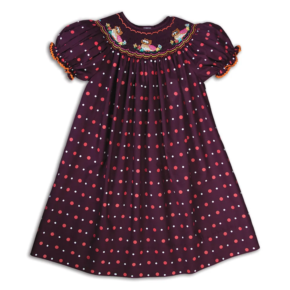 Nesting Owls Maroon Multi-Dot Smocked Bishop