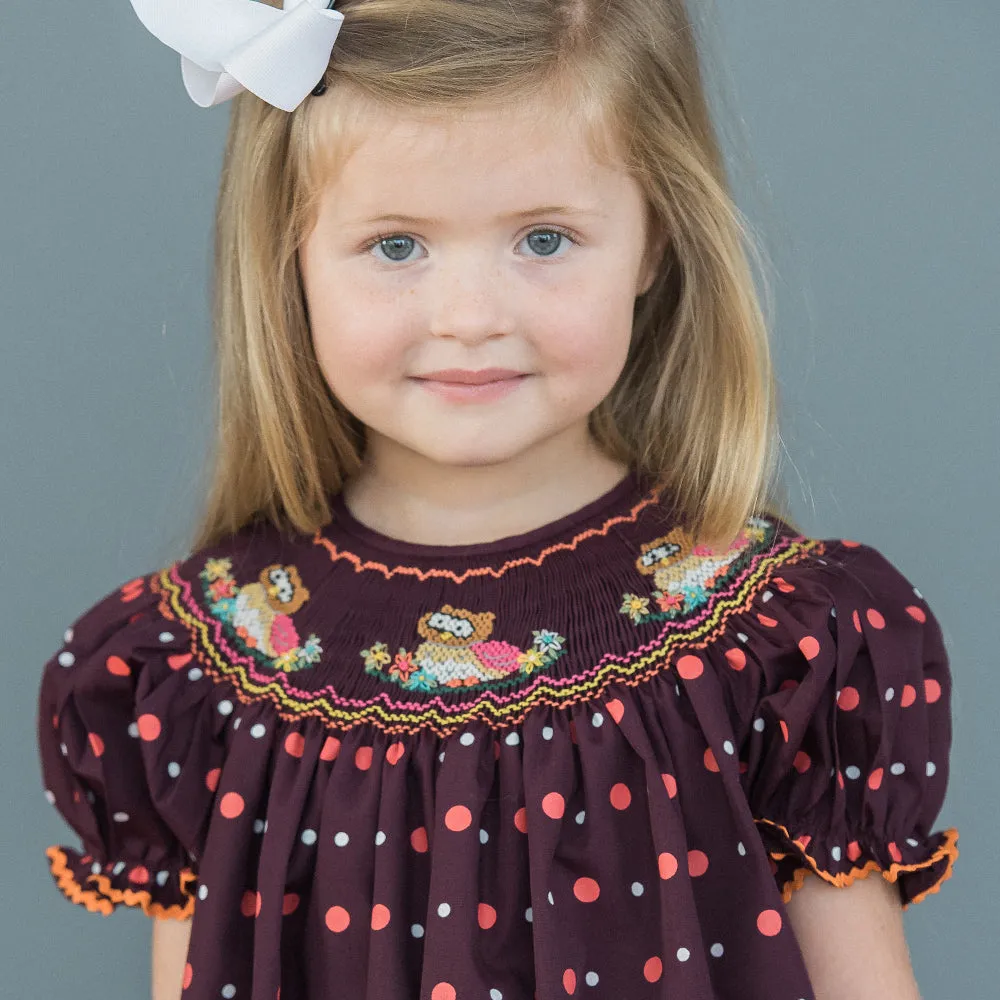 Nesting Owls Maroon Multi-Dot Smocked Bishop