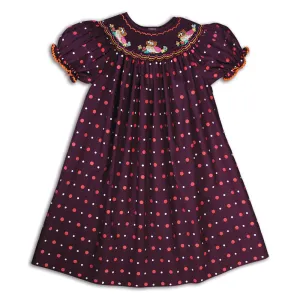 Nesting Owls Maroon Multi-Dot Smocked Bishop