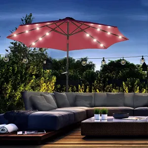 New Outsunny 9ft Solar Patio Umbrella Outdoor Sunshade SOLAR LED Lights Tilt Canopy, RED