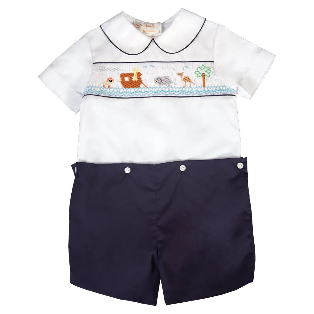 Noah's Ark White/N.Blue Smocked Button-On Short Set