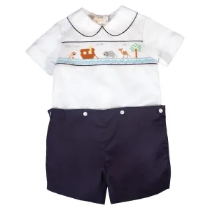 Noah's Ark White/N.Blue Smocked Button-On Short Set