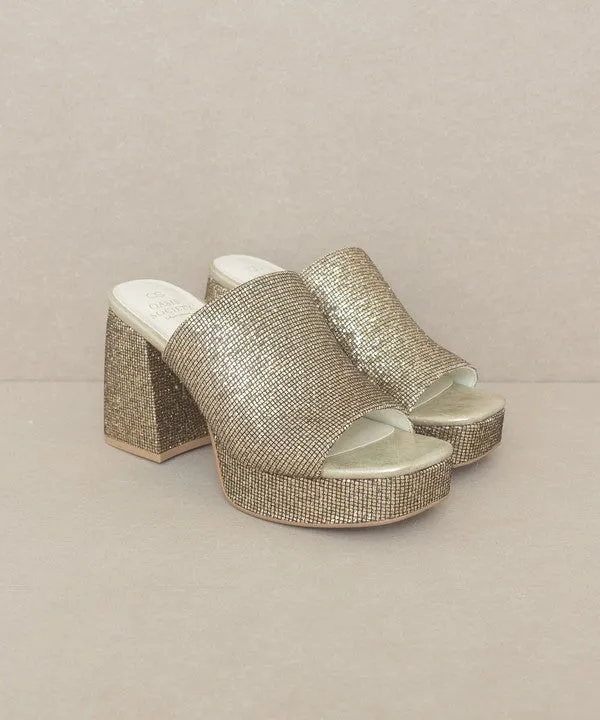 Oasis Society Crystal - Sparkling Gold Platform Slide Shoes