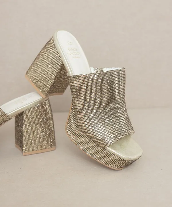 Oasis Society Crystal - Sparkling Gold Platform Slide Shoes