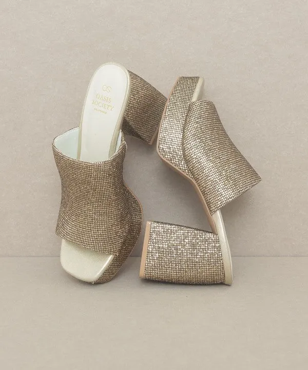 Oasis Society Crystal - Sparkling Gold Platform Slide Shoes