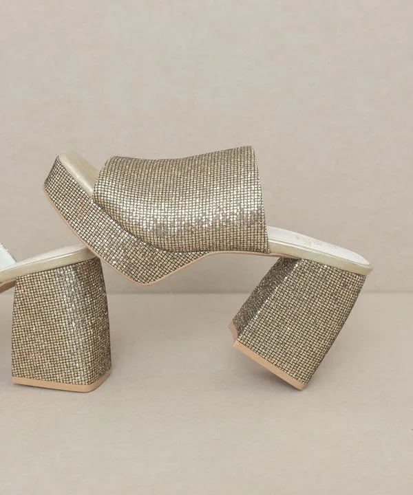 Oasis Society Crystal - Sparkling Gold Platform Slide Shoes