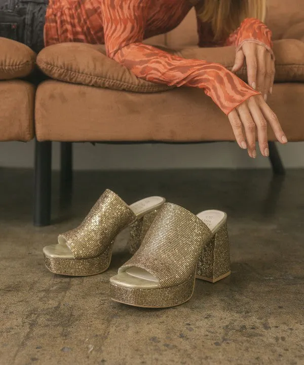 Oasis Society Crystal - Sparkling Gold Platform Slide Shoes