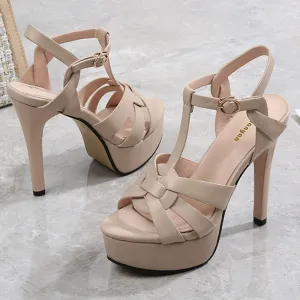 One-Word Waterproof Platform Apricot Open Toe 12cm High Heels Women Shoes