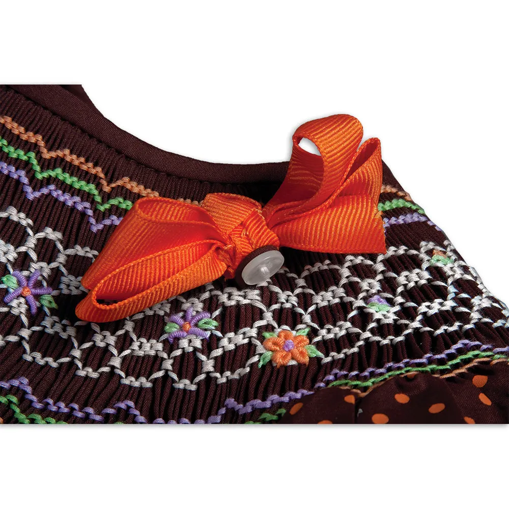 Orange Polkadot Brown English Smocked Bishop with Removable Bow