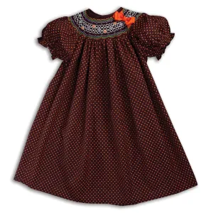 Orange Polkadot Brown English Smocked Bishop with Removable Bow